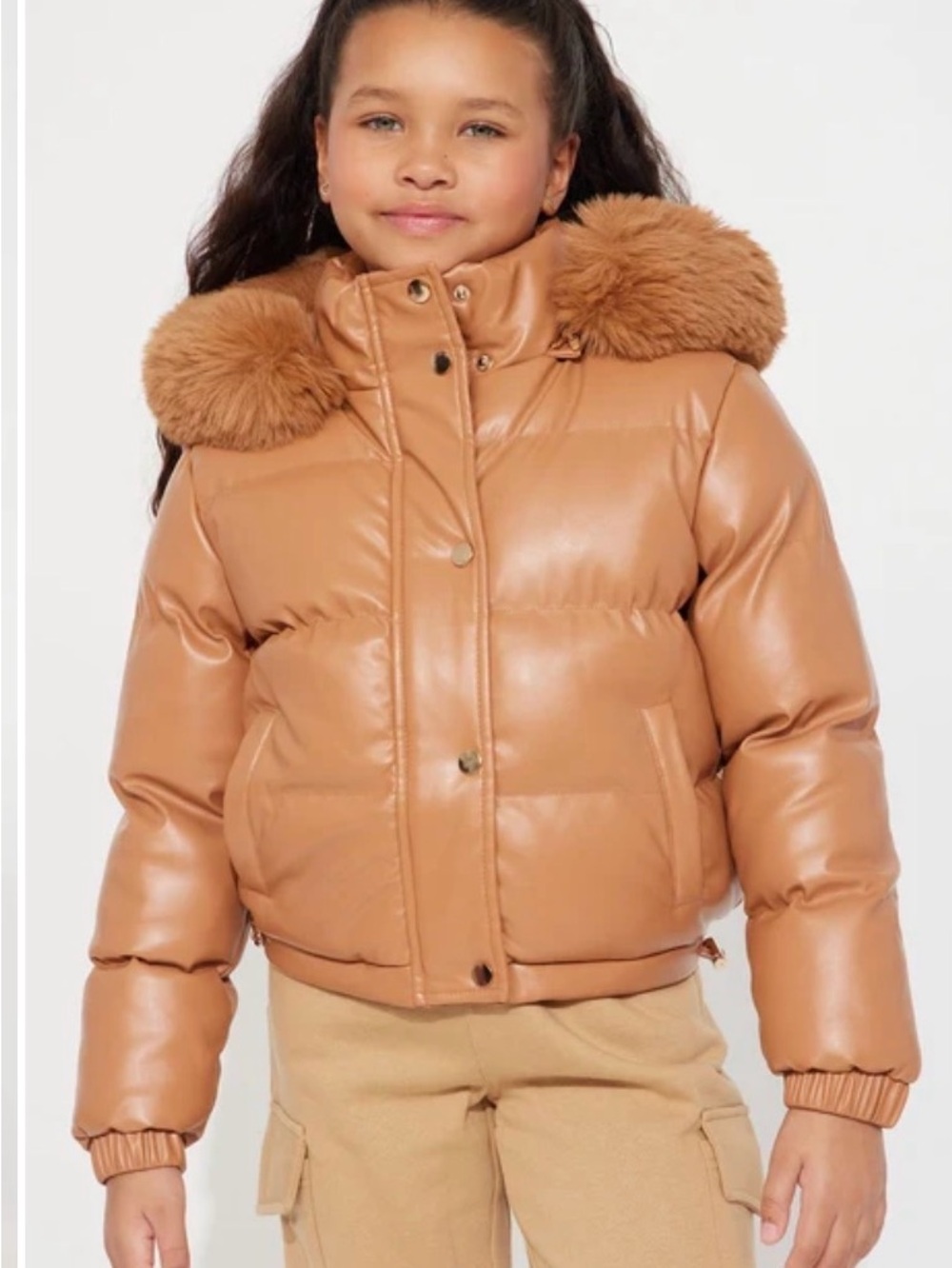Fashion Nova Kids Faux-Leather Puffer Jacket with Fur-Trim Hood - Camel